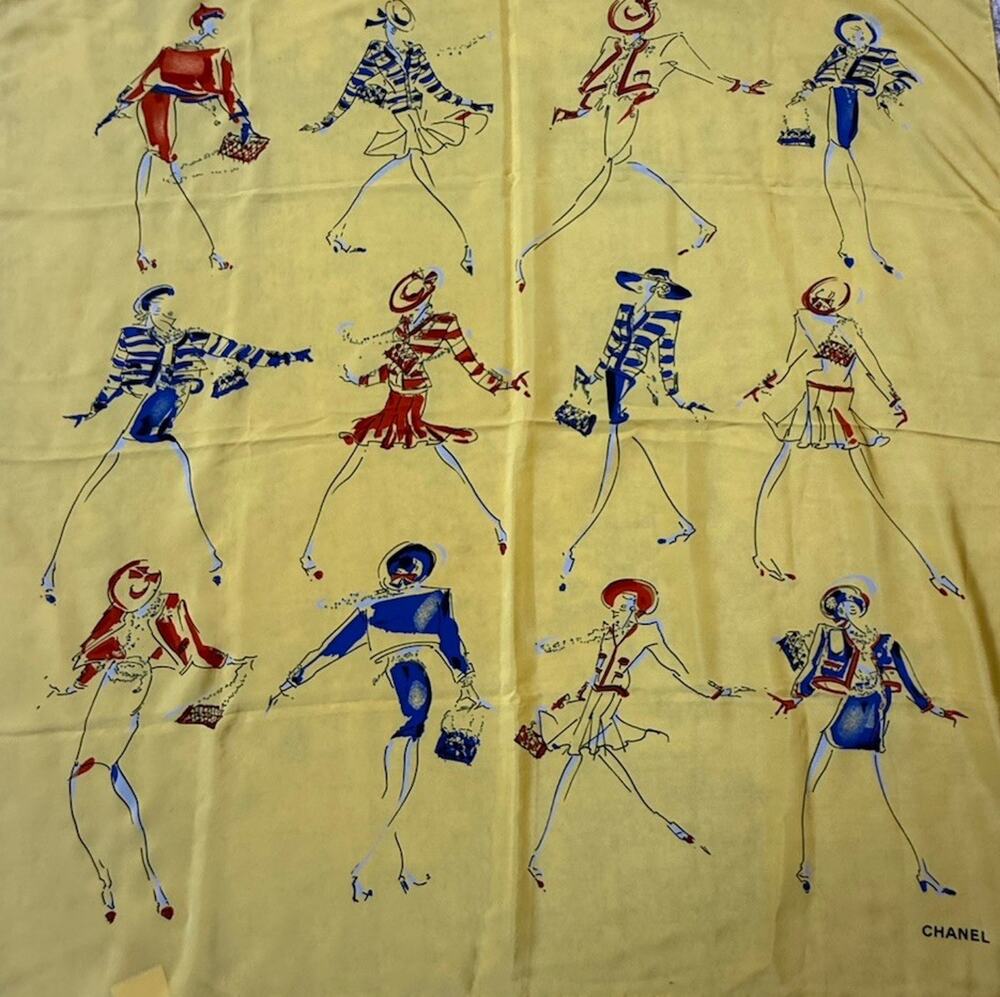VTG 100% Authentic chanel silk scarf Rare Marine Fashion Illustration Sketch